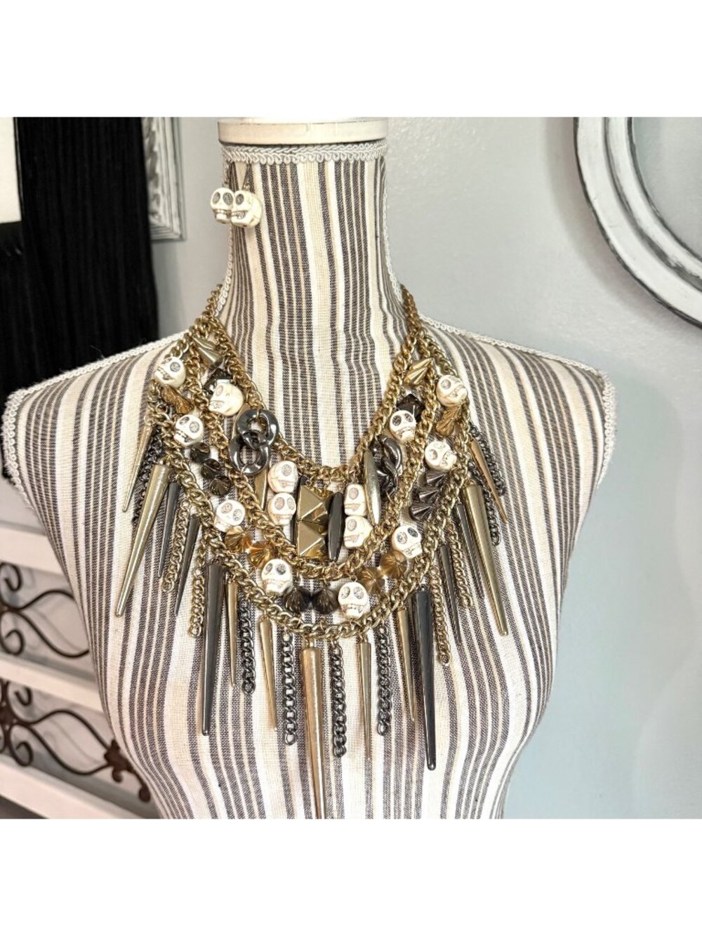 Lucid Chunky Punk Rock Skeleton and Spikes Bib Statement Necklace and Earrings S